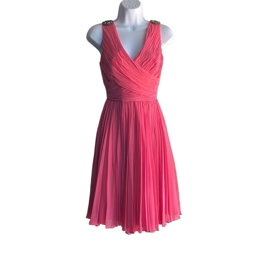 Marchesa Notte Pink 100% Silk Sz 8 Cocktail‎ Dress Pleated Fit Flare NWT Beaded